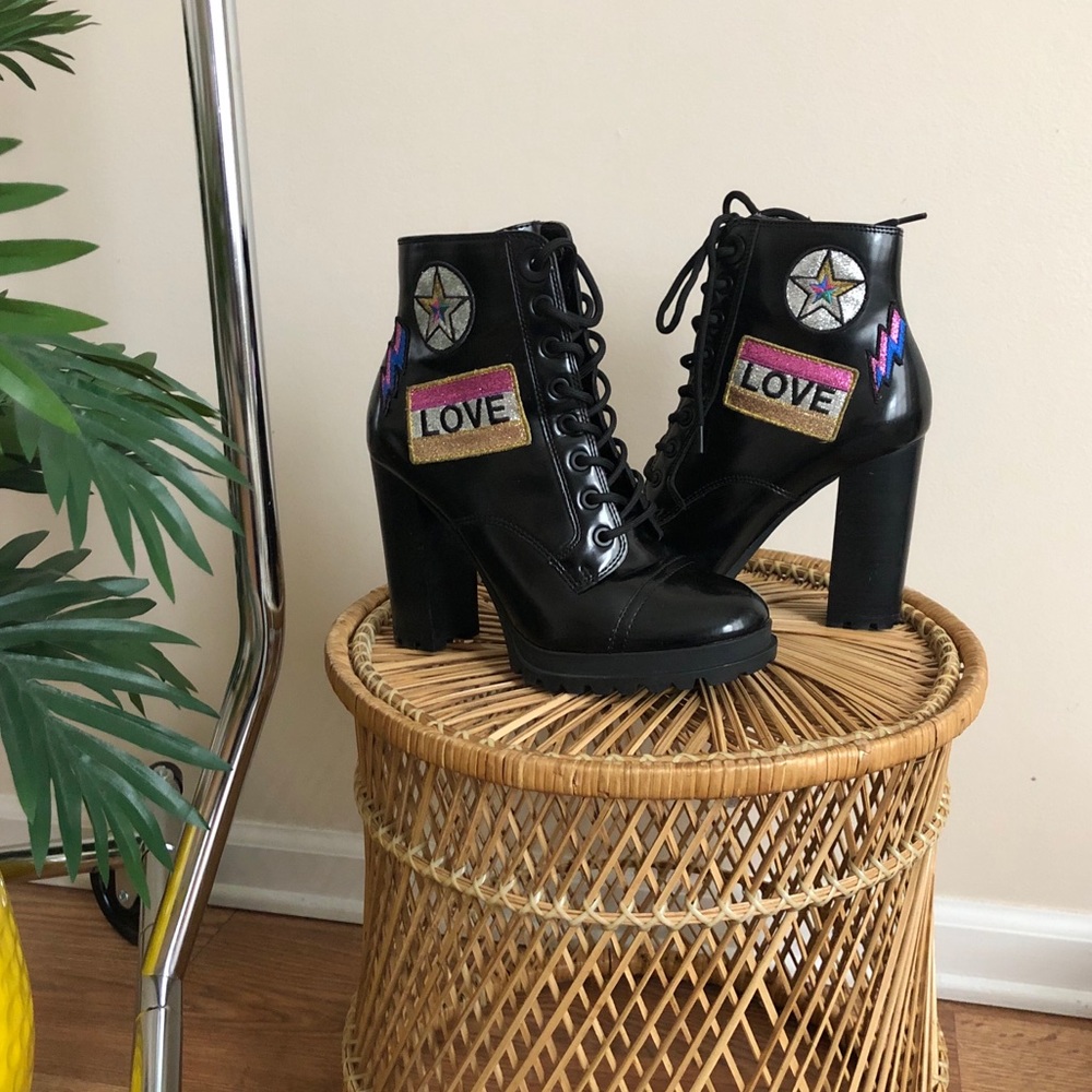 Aldo Black Lace-Up Platform Ankle Boots with Colorful 'LOVE' Patches